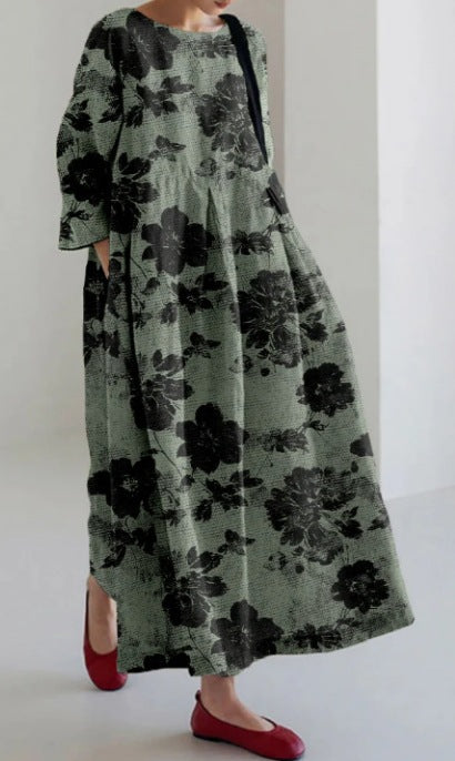 Creative Three-Quarter Sleeve Floral Dress with Relaxed Silhouette-Green-Theone Apparel