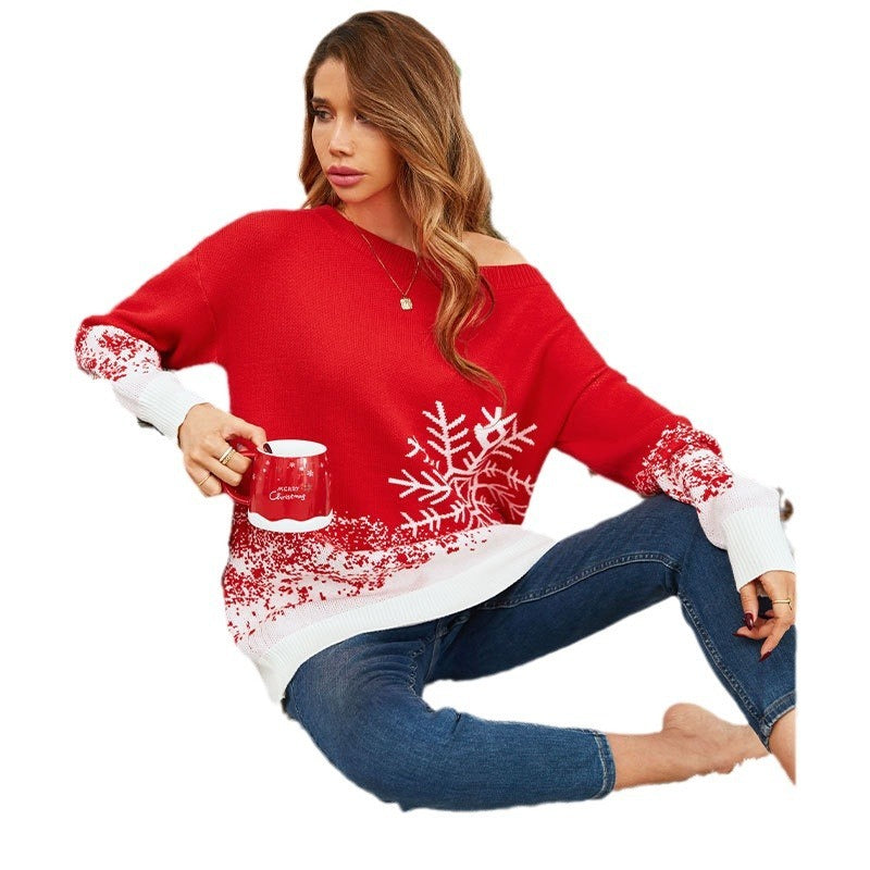 Cute Long Sleeve Slouchy Red Sweater with White Snowflake Details-Theone Apparel