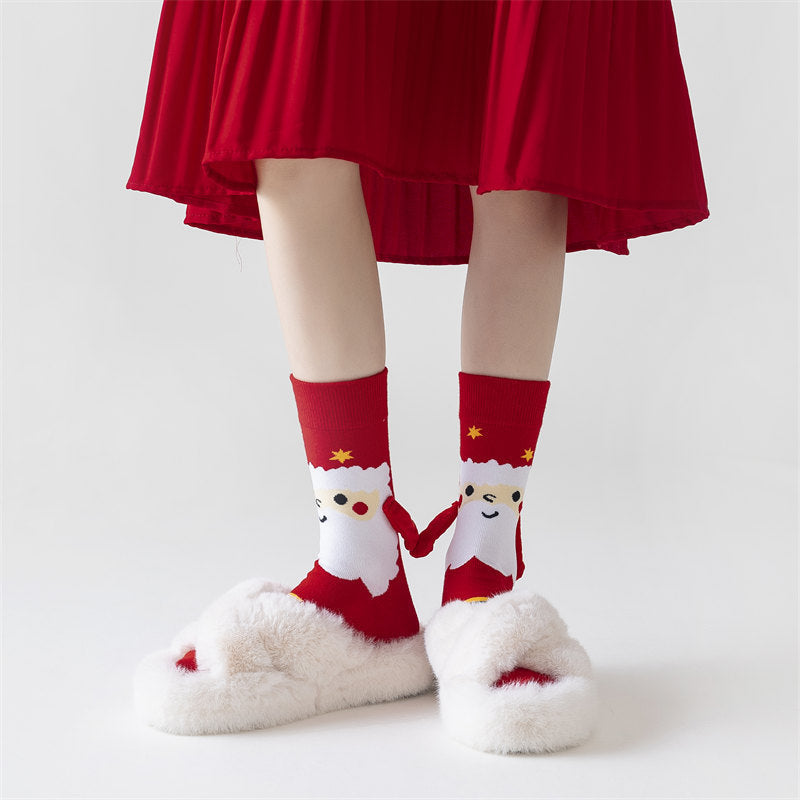 Cute Magnetic Hand Holding Christmas Themed Ankle Socks for Couples-Theone Apparel