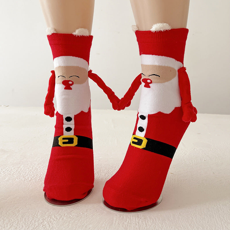 Cute Magnetic Hand Holding Christmas Themed Ankle Socks for Couples-Red Santa Claus-Theone Apparel