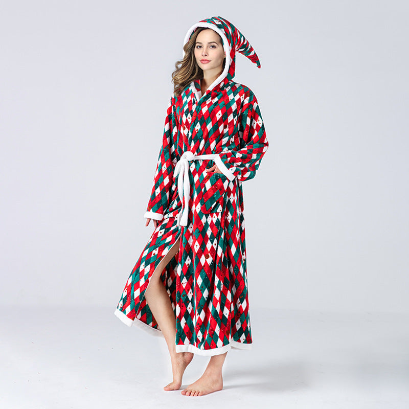 Cute Women's Red White and Green Christmas Themed Robe with Hood-Theone Apparel