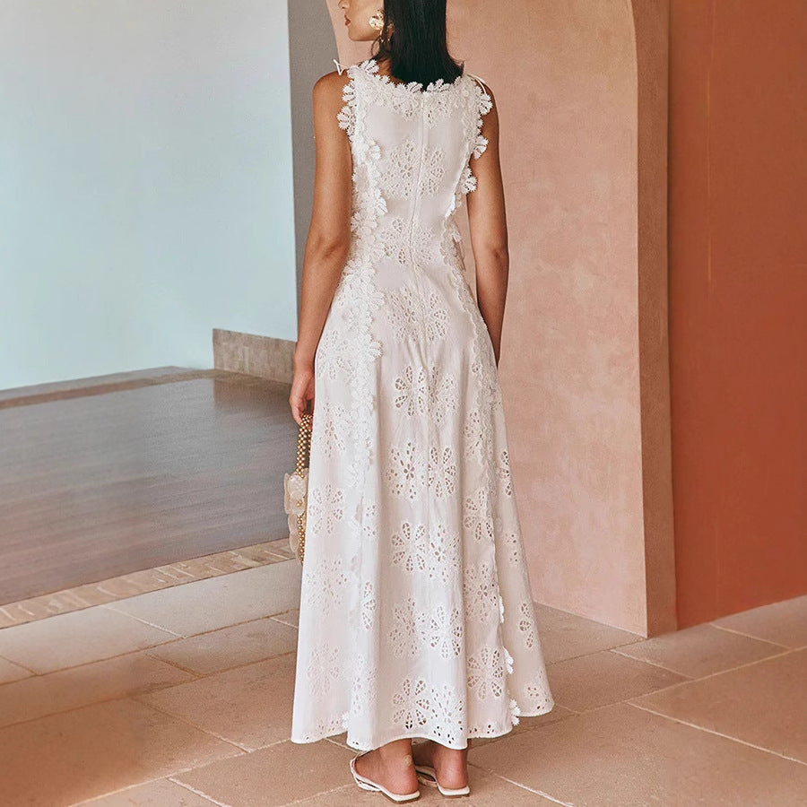 Delicate Lace Embroidery Tie-Strap Holiday Dress with Boho Flair-Theone Apparel