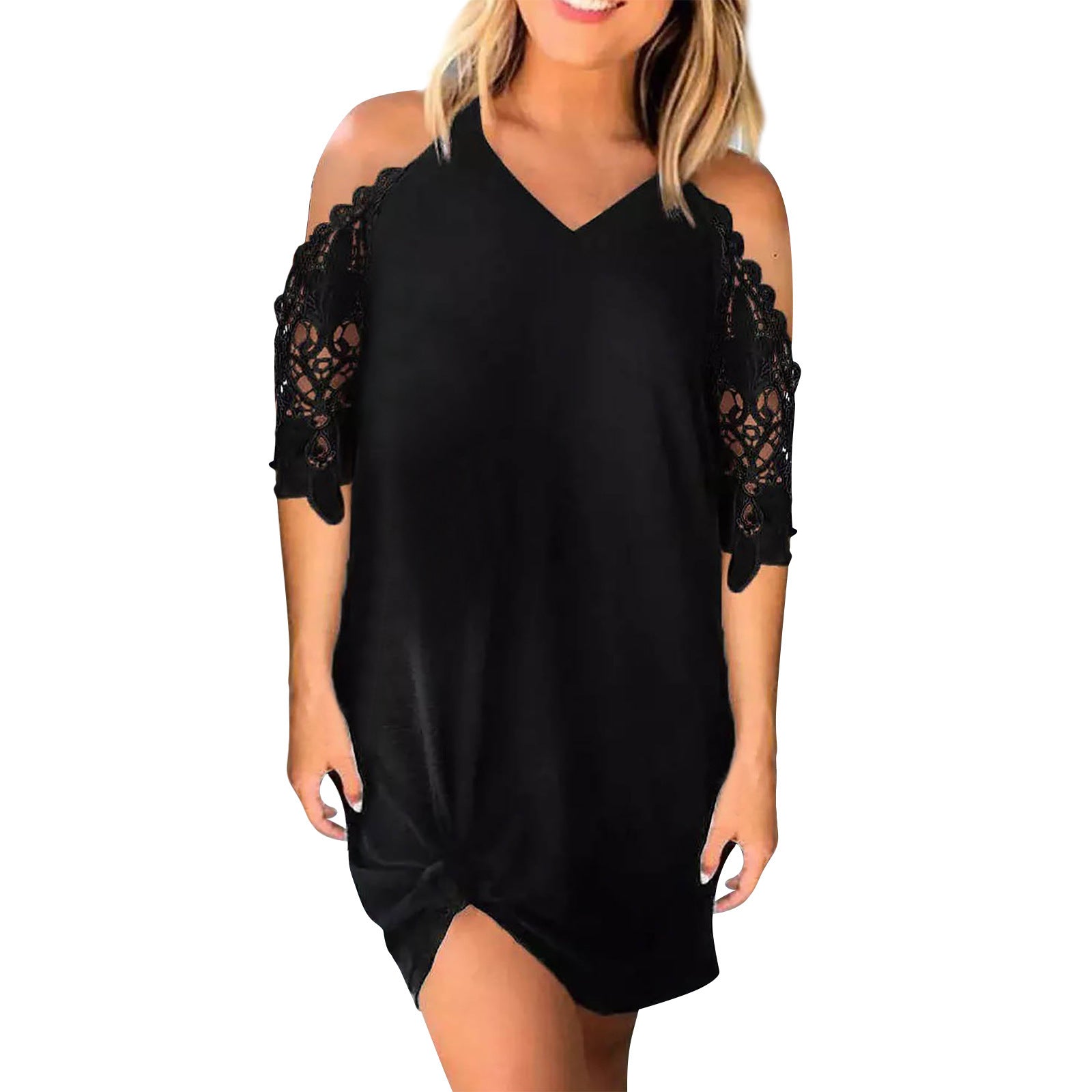 Elegant Cold Shoulder Lace Patchwork V-Neck Solid-Color Midi Dress-Black-Theone Apparel