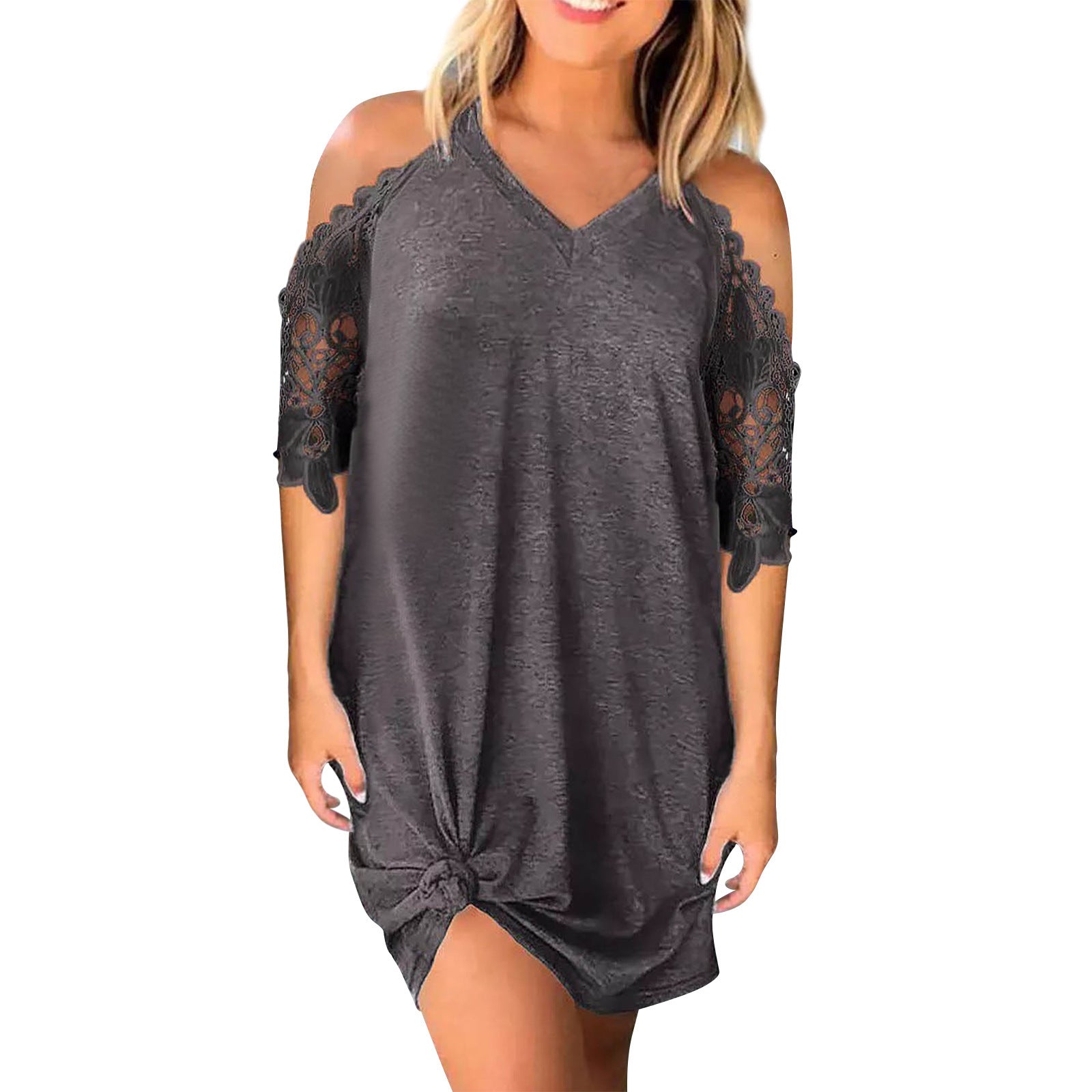 Elegant Cold Shoulder Lace Patchwork V-Neck Solid-Color Midi Dress-Gray-Theone Apparel