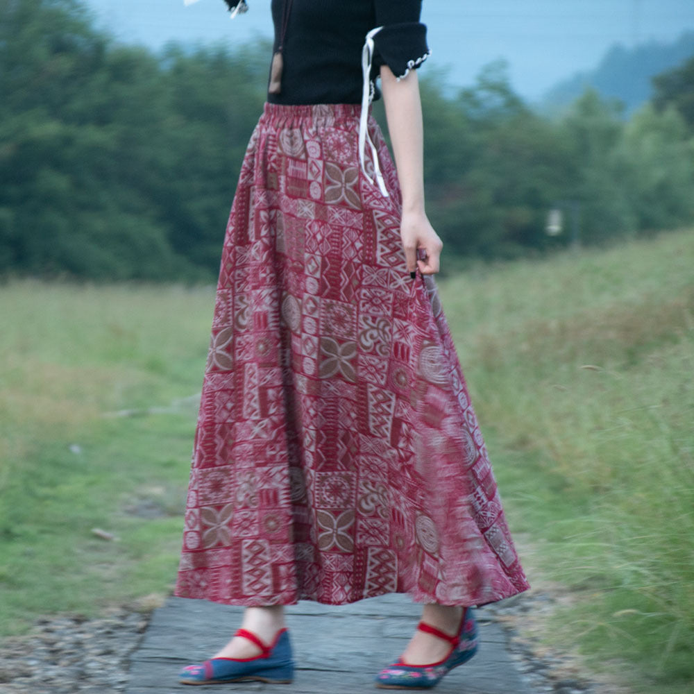 Ethnic Style Cotton Linen Swing Skirt With Elastic Waist-Red Square-Theone Apparel