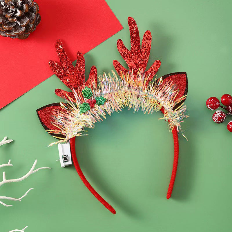 Festive Tinsel-Accent Decorated Christmas Party Satin-Covered Headband in Assorted Styles-Deer Red-Theone Apparel