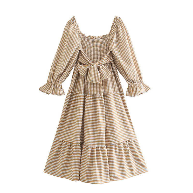 Flowy Khaki Plaid Dress with Elastic Waist for Leisure Wear-Theone Apparel