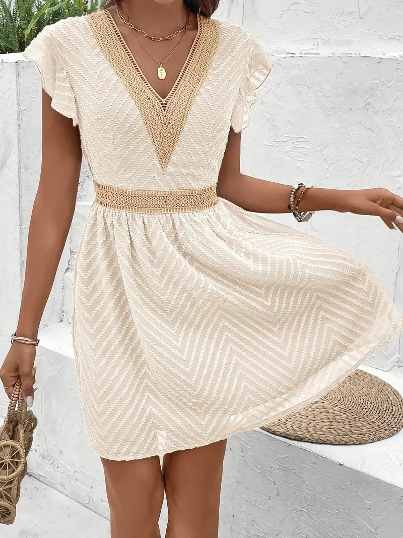 French Lace Patchwork Waistband Dress with Elegant Flair-Theone Apparel