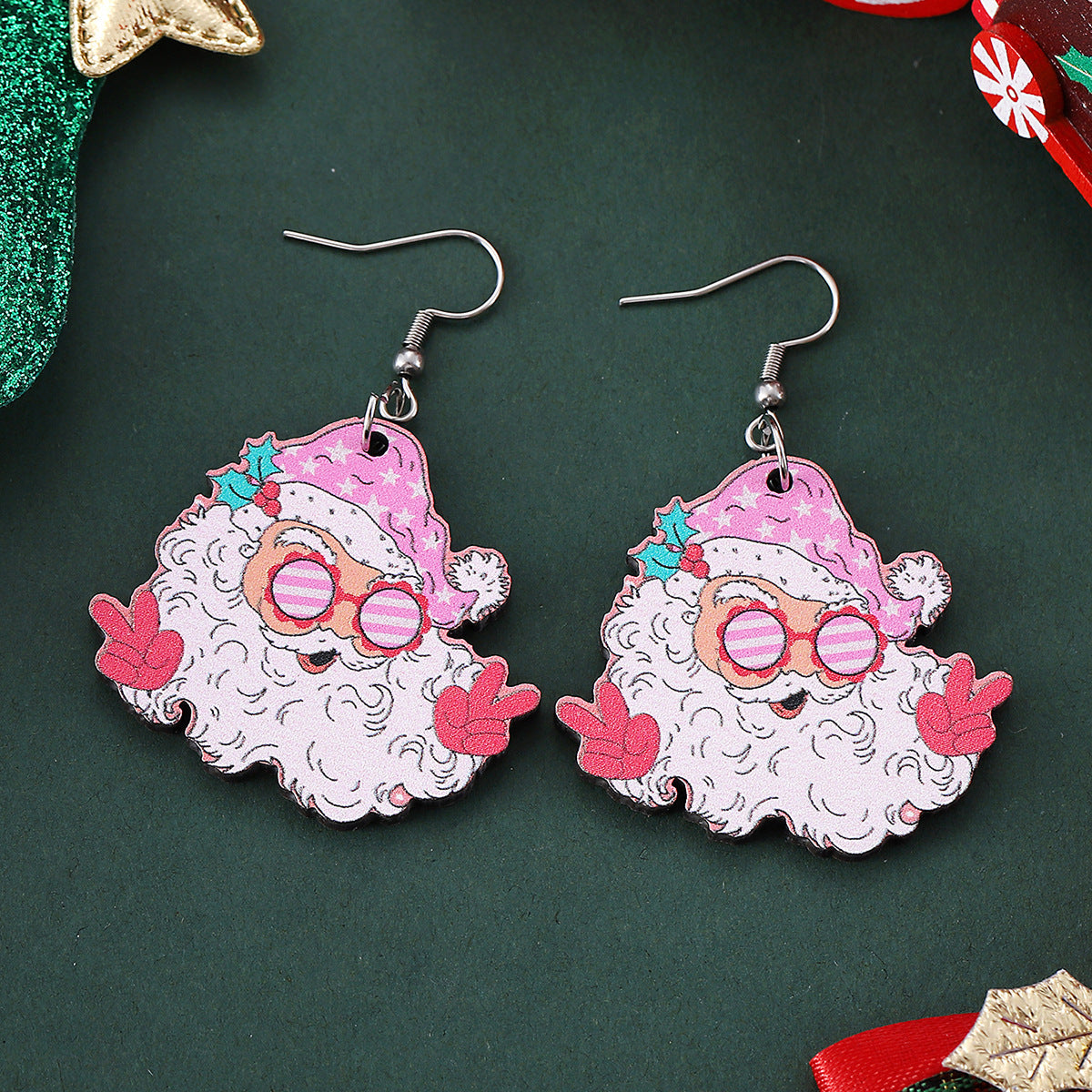 Funky Fun Wooden Cool Santa With Sunglasses Dangle Earrings in Assorted Styles-Theone Apparel
