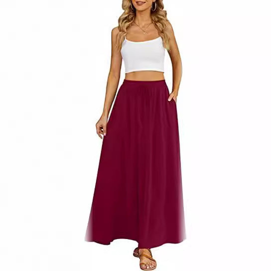 High Waist Lace Print Swing Skirt With Double Pockets-Wine Red-Theone Apparel