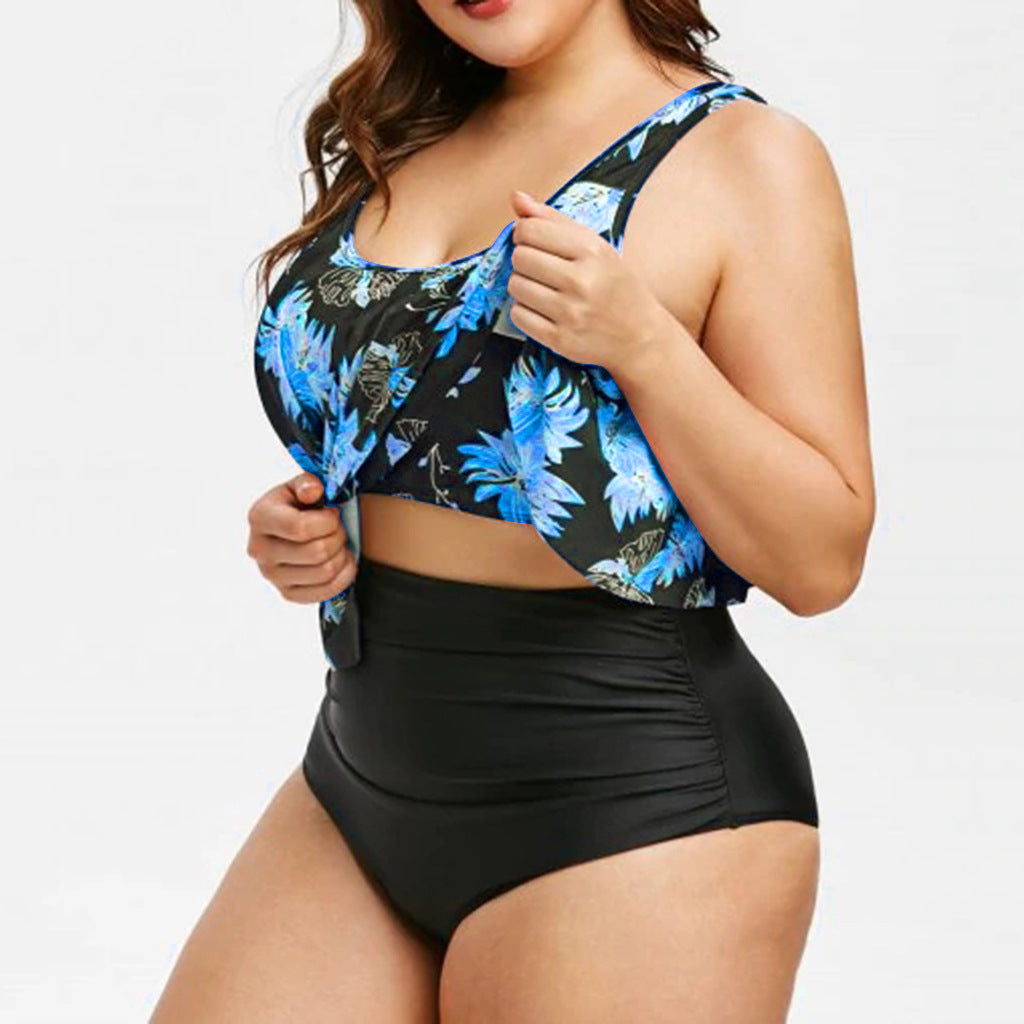 High-Waist Lotus Print One-Piece Swimsuit for Elegant Flair-Theone Apparel