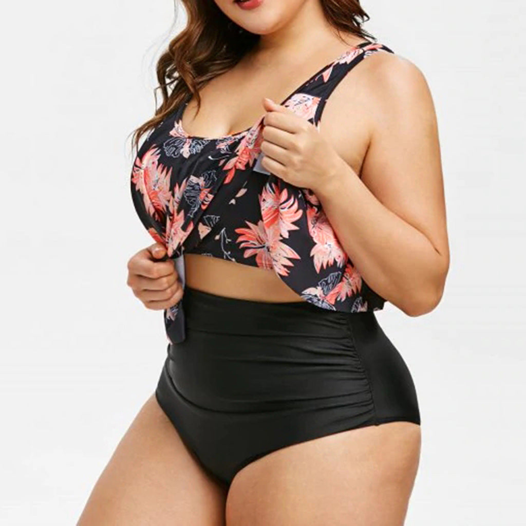 High-Waist Lotus Print One-Piece Swimsuit for Elegant Flair-Theone Apparel