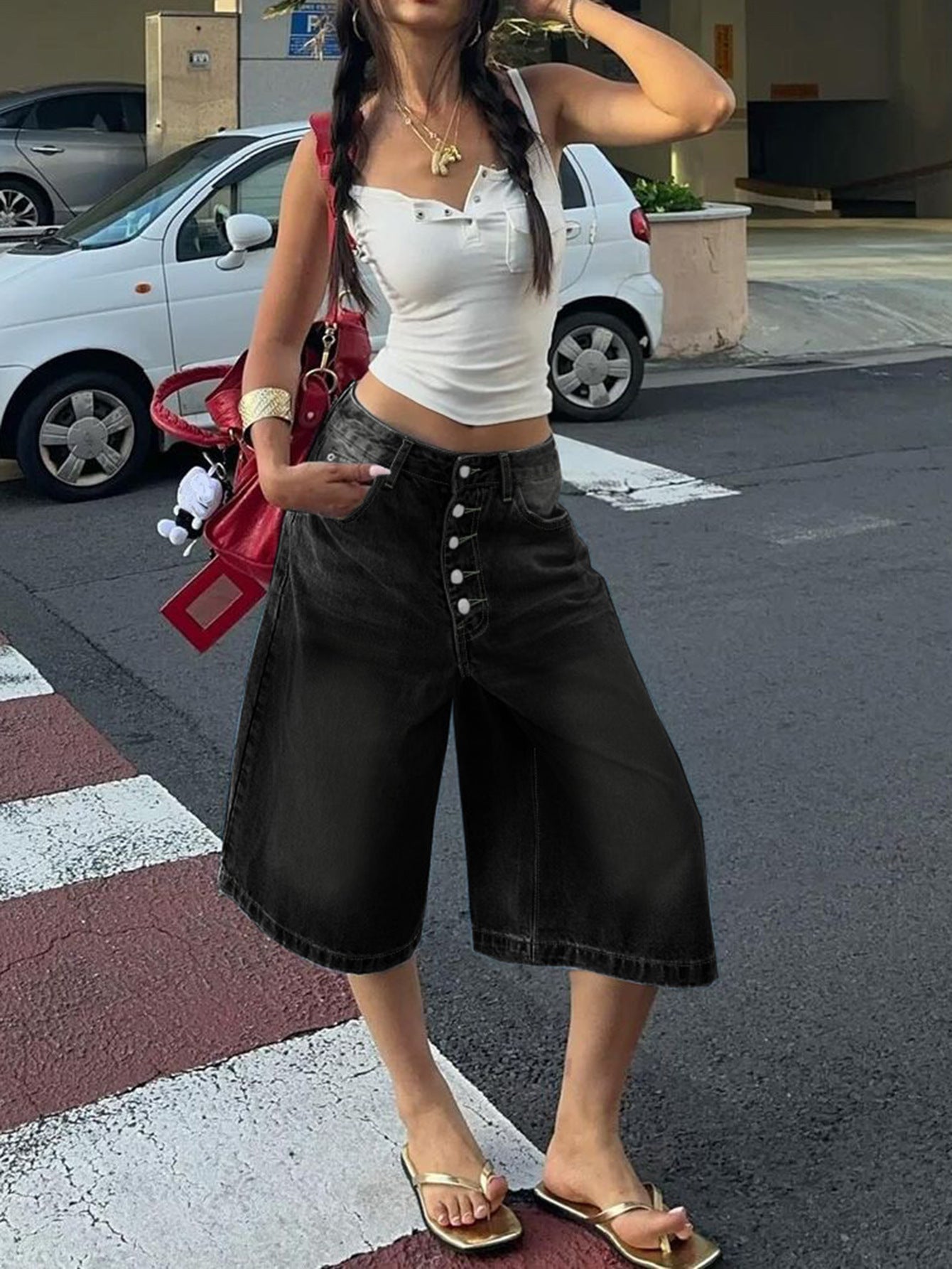 High-Waisted Multi-Breasted Denim Shorts with Modern Edge-Black-Theone Apparel