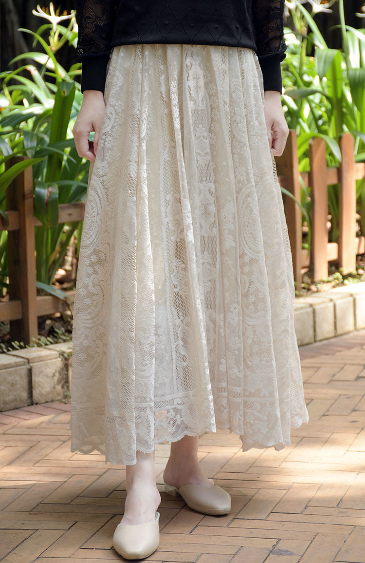 Korean Style High Waist Crocheted Lace Skirt For Delicate Beauty-Apricot-Theone Apparel