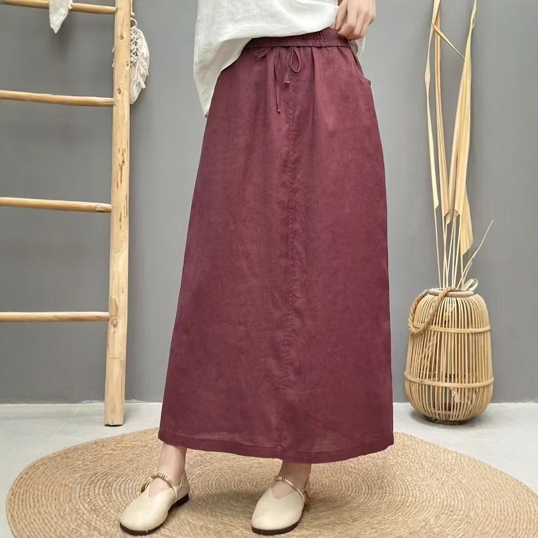 Lace Up Linen High Waist Skirt With Back Slit-Theone Apparel