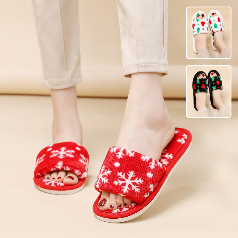 Multicolor Christmas Themed Fleece Open Toed House Shoes-Theone Apparel