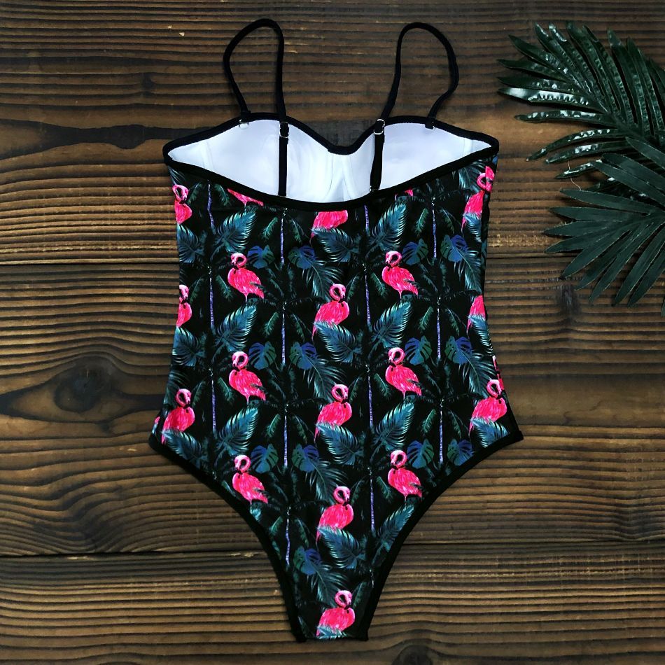 One-Piece Women’s Swimwear Bikini Suit for Effortless Style-Black with Pink Flamingo-Theone Apparel