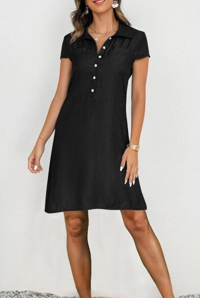 Plus-Size Swing Denim Dress with Split Pockets and Casual Vibe-Black-Theone Apparel
