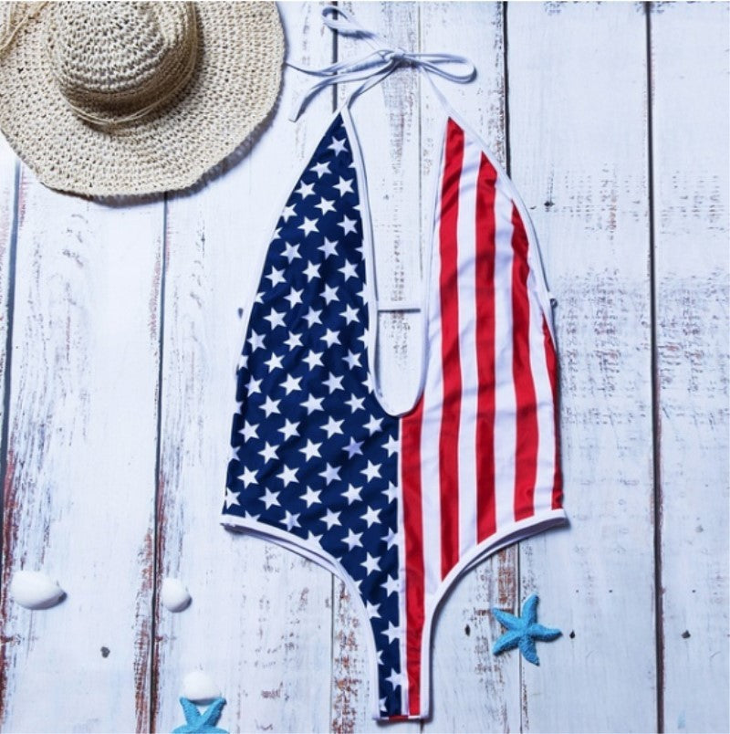 Print Deep V Strap One-Piece Swimsuit for Patriotic Style-Theone Apparel