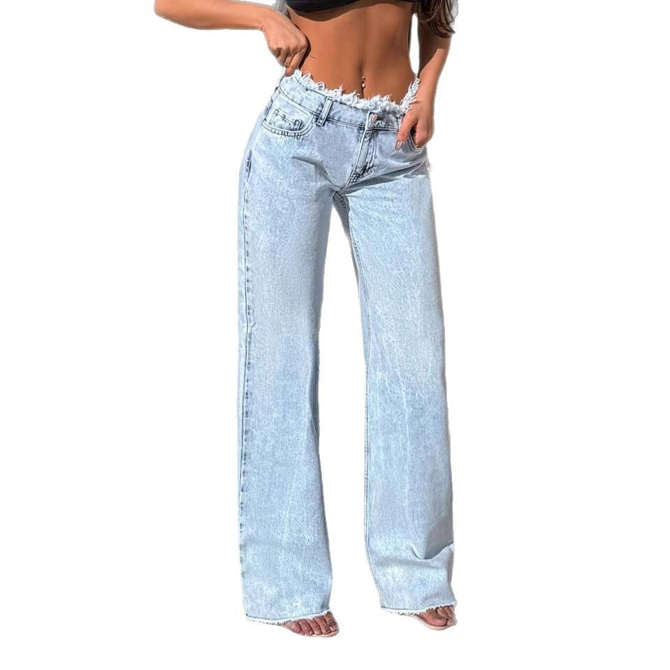 Raw-Hem Baggy Wide-Leg Jeans with Draped Street Appeal-Light Blue-Theone Apparel