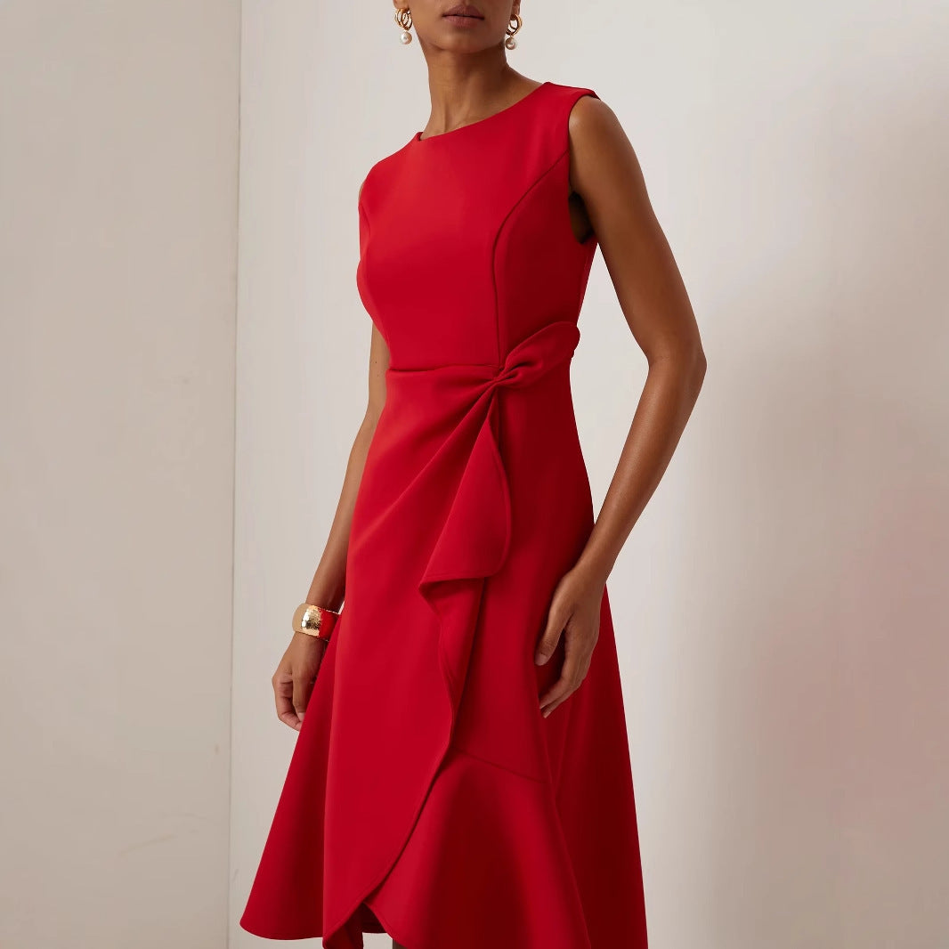 Red Sleeveless Round-Neck Dress with Elegant Temperament-Theone Apparel