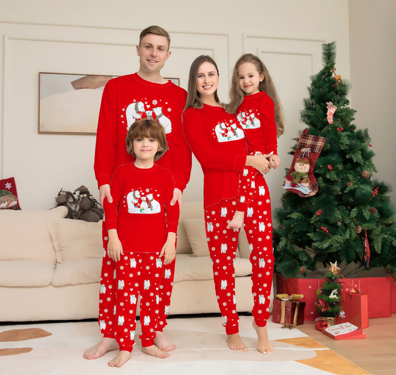 Red and White Polar Bear Matching Family Pajamas for Christmas Morning-Red-Theone Apparel