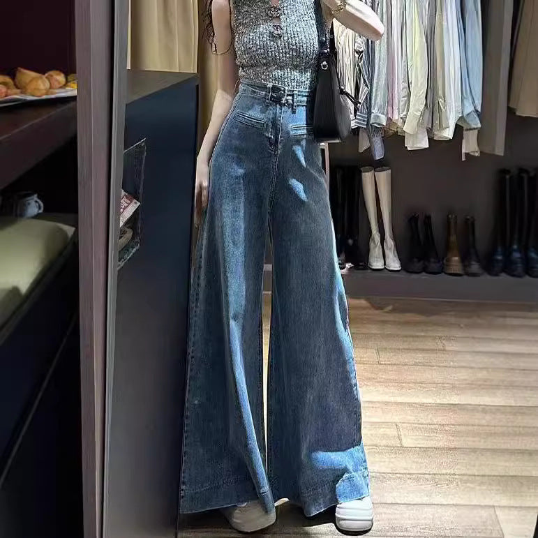Retro Blue Floor-Length Wide-Leg Jeans with Drape-Theone Apparel
