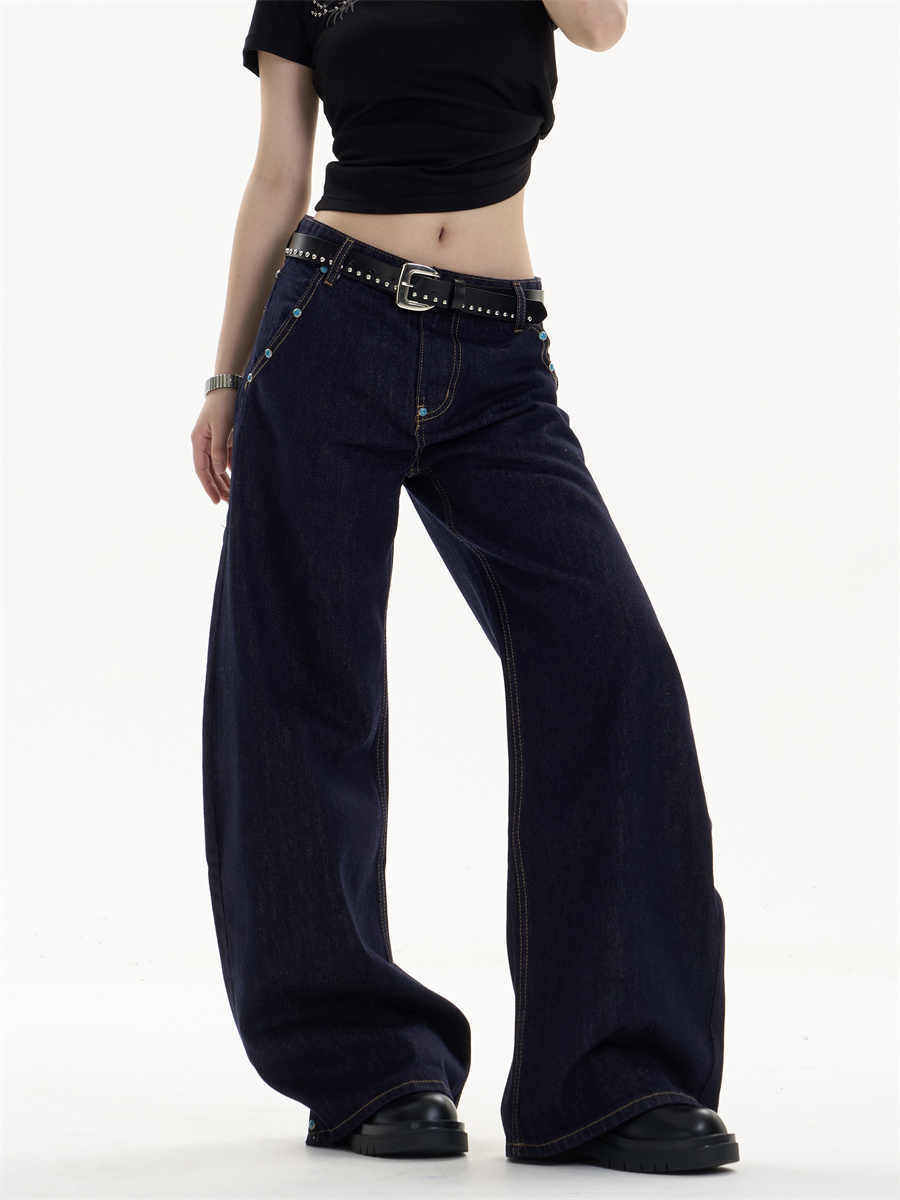 Retro Dark Blue Straight Jeans with Loose Wide-Leg Fit-Theone Apparel