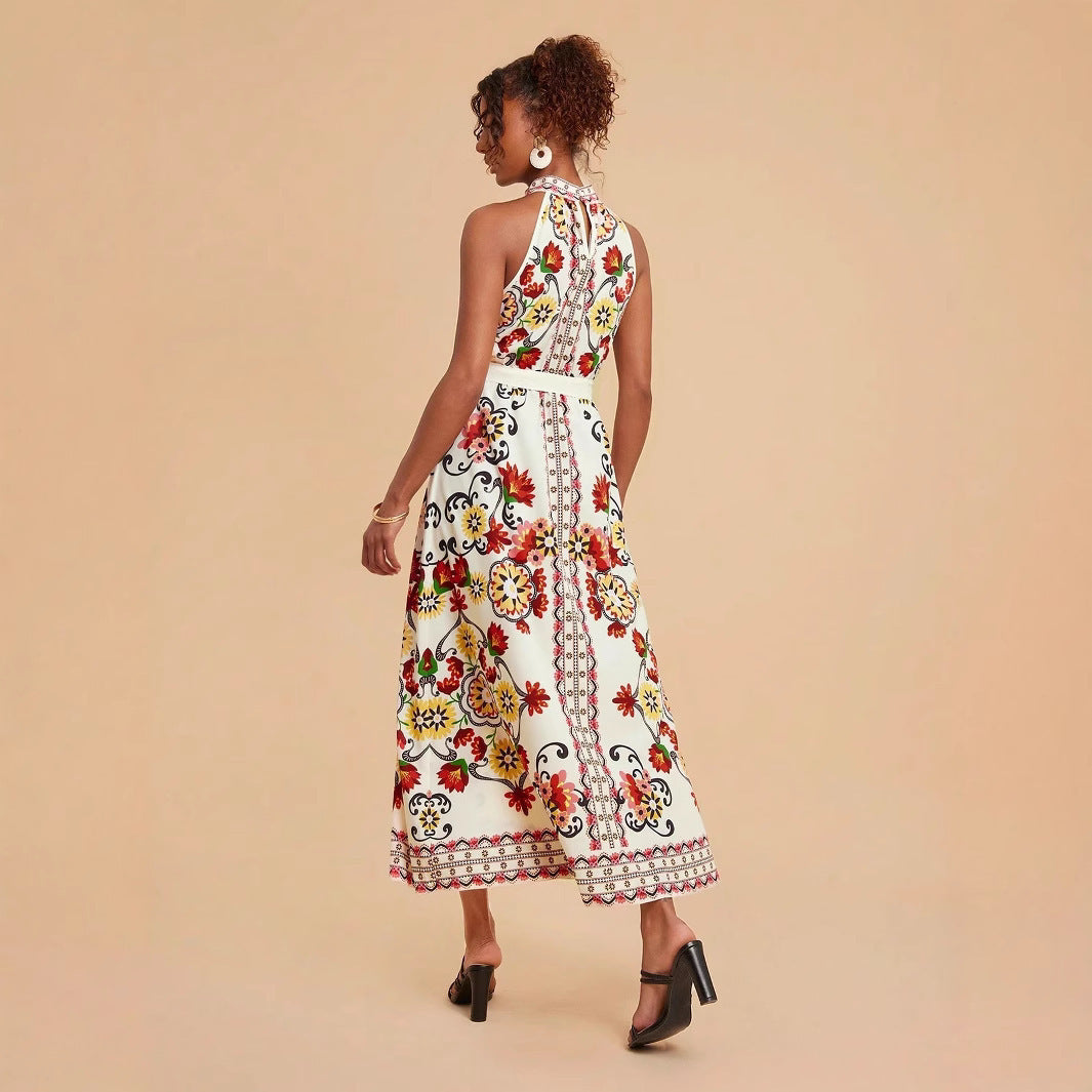 Romantic Floral Print Midi Dress with Lace-Up Sleeveless Accents-Theone Apparel