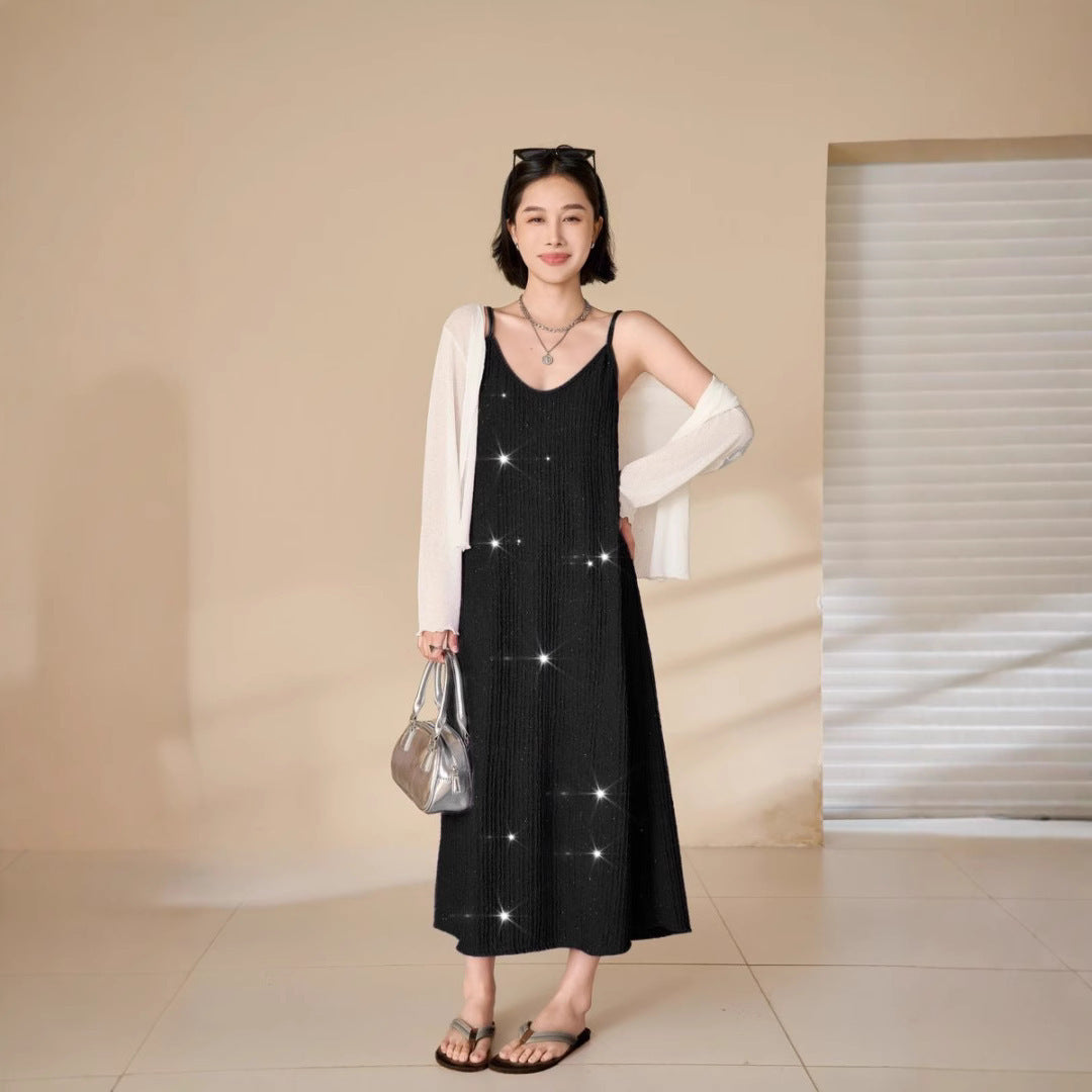 Sequin Pleated Cami Dress with Elegant Temperament Silhouette-Black-Theone Apparel