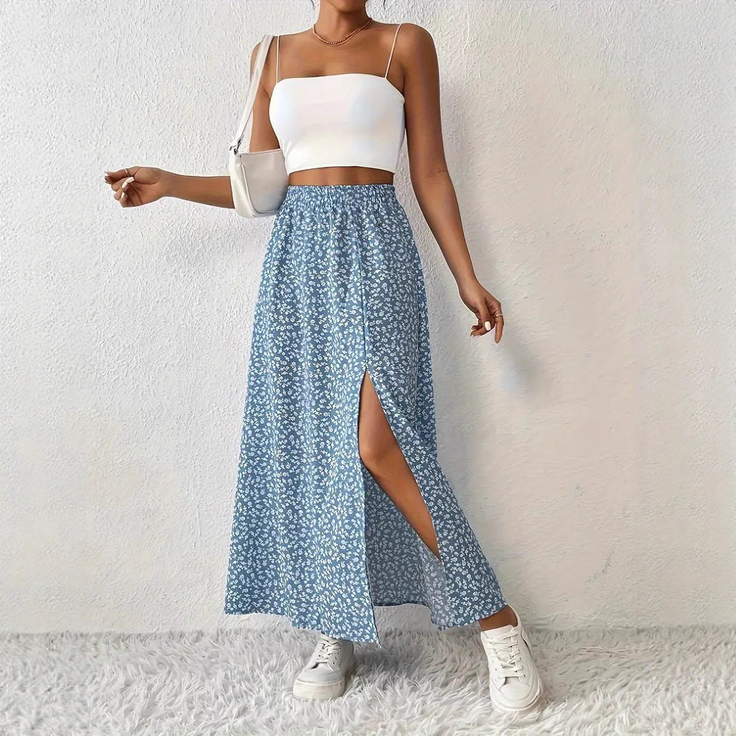 Side Slit Printed Skirt For Fashionable Everyday Wear-Sky Blue-Theone Apparel