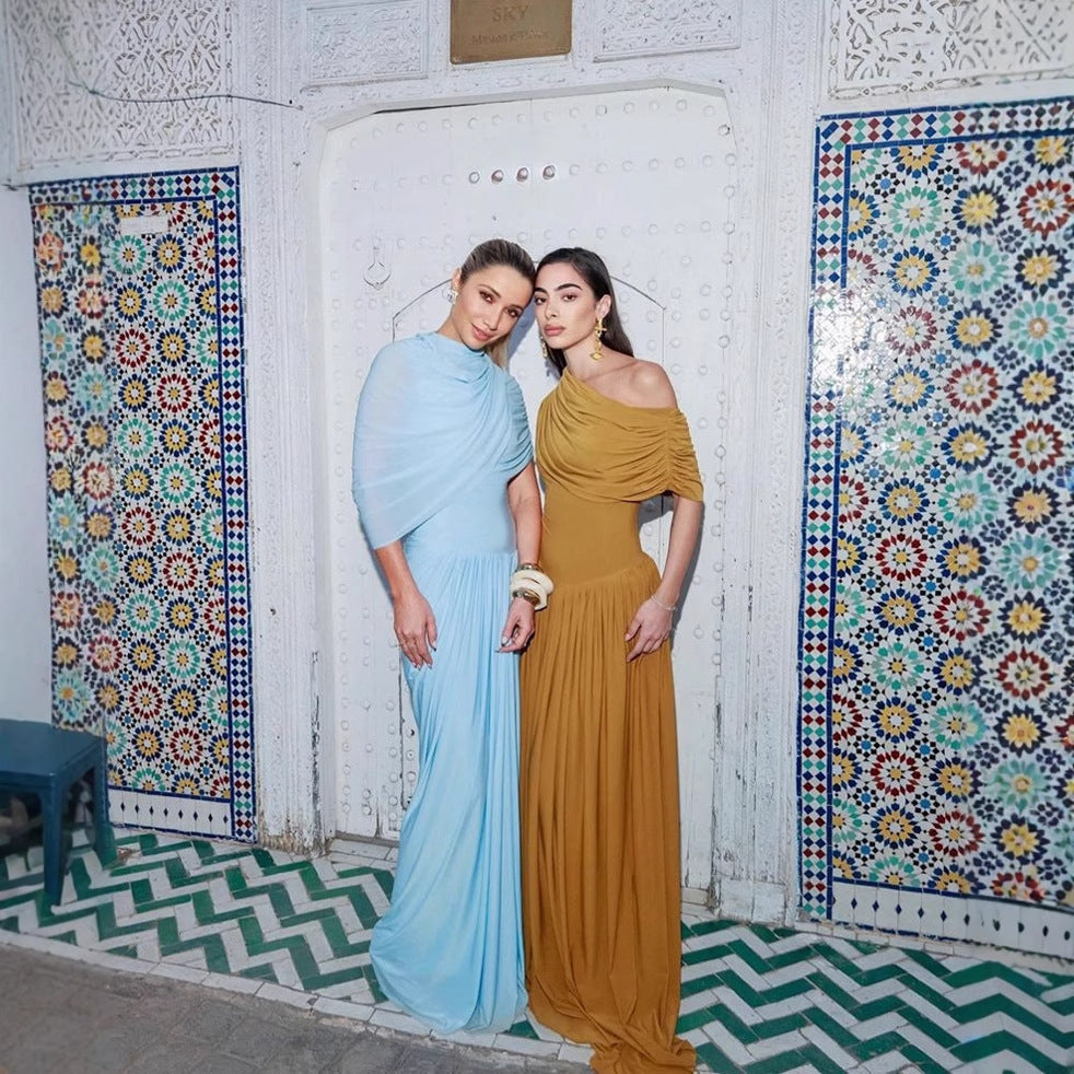 Slant Shoulder A-Line Dress with Waist-Slimming Design-Theone Apparel