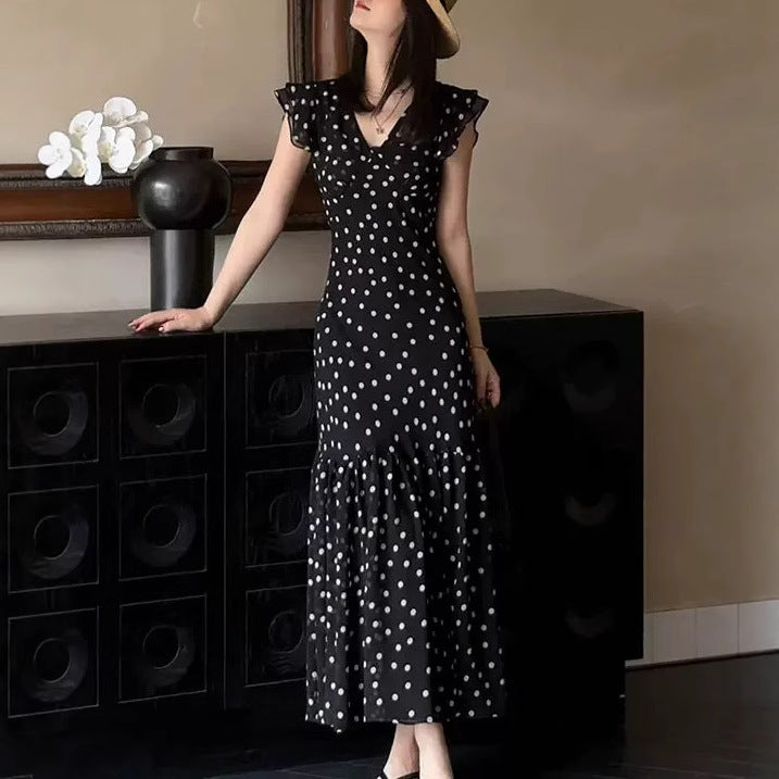 Sleek Black Polka Dot Dress with French-Inspired Slim Fit-Theone Apparel