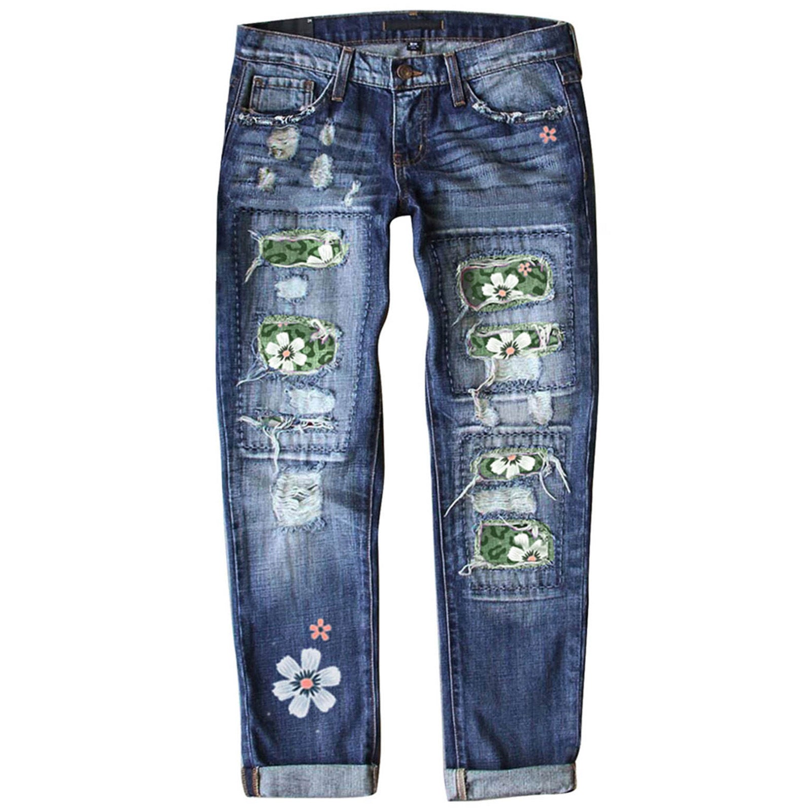 Slim-Fit Printed Denim Pants with Graphic Edge-Green Floral-Theone Apparel