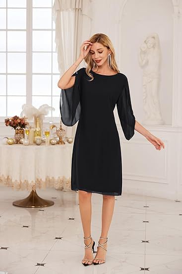 Sophisticated Irregular Sleeve Solid Chiffon Dress for Effortless Elegance-Black-Theone Apparel