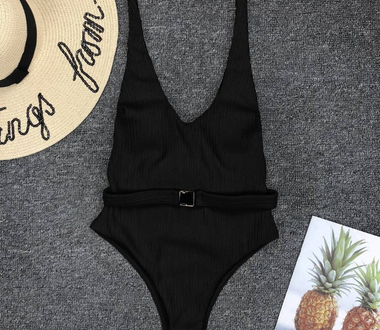 Special-Fabric Belted One-Piece Swimsuit for European American Style-Black-Theone Apparel
