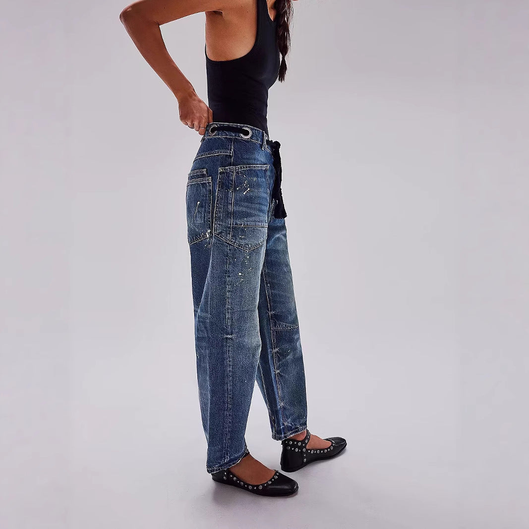 Splash-Ink Drawstring Loose Jeans with Artistic Casual Twist-Theone Apparel
