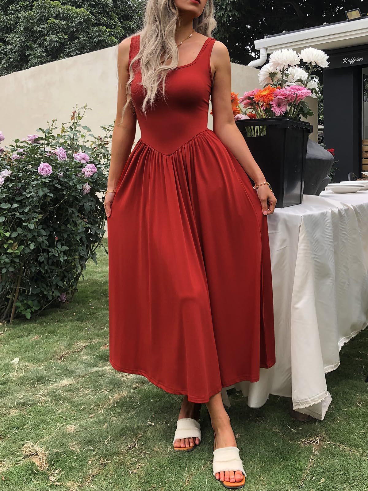 Square Collar Pleated Dress with Modern Sling Silhouette-Red-Theone Apparel