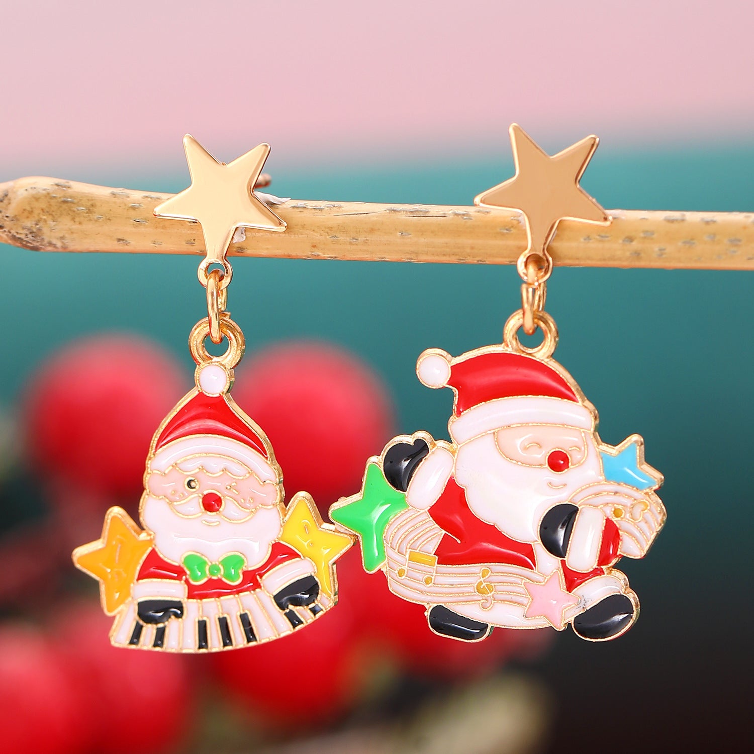 Whimsical Enamel and Metal Stud Back Christmas Themed Drop Earrings-Santa-Theone Apparel