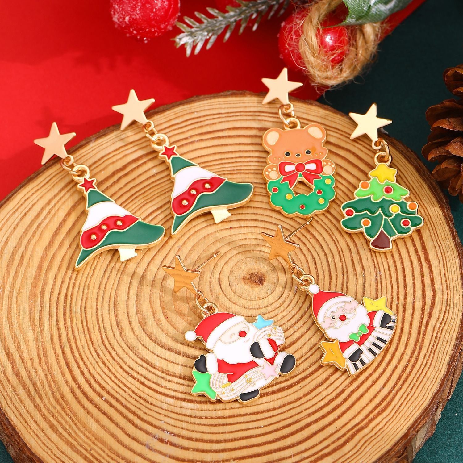 Whimsical Enamel and Metal Stud Back Christmas Themed Drop Earrings-Theone Apparel