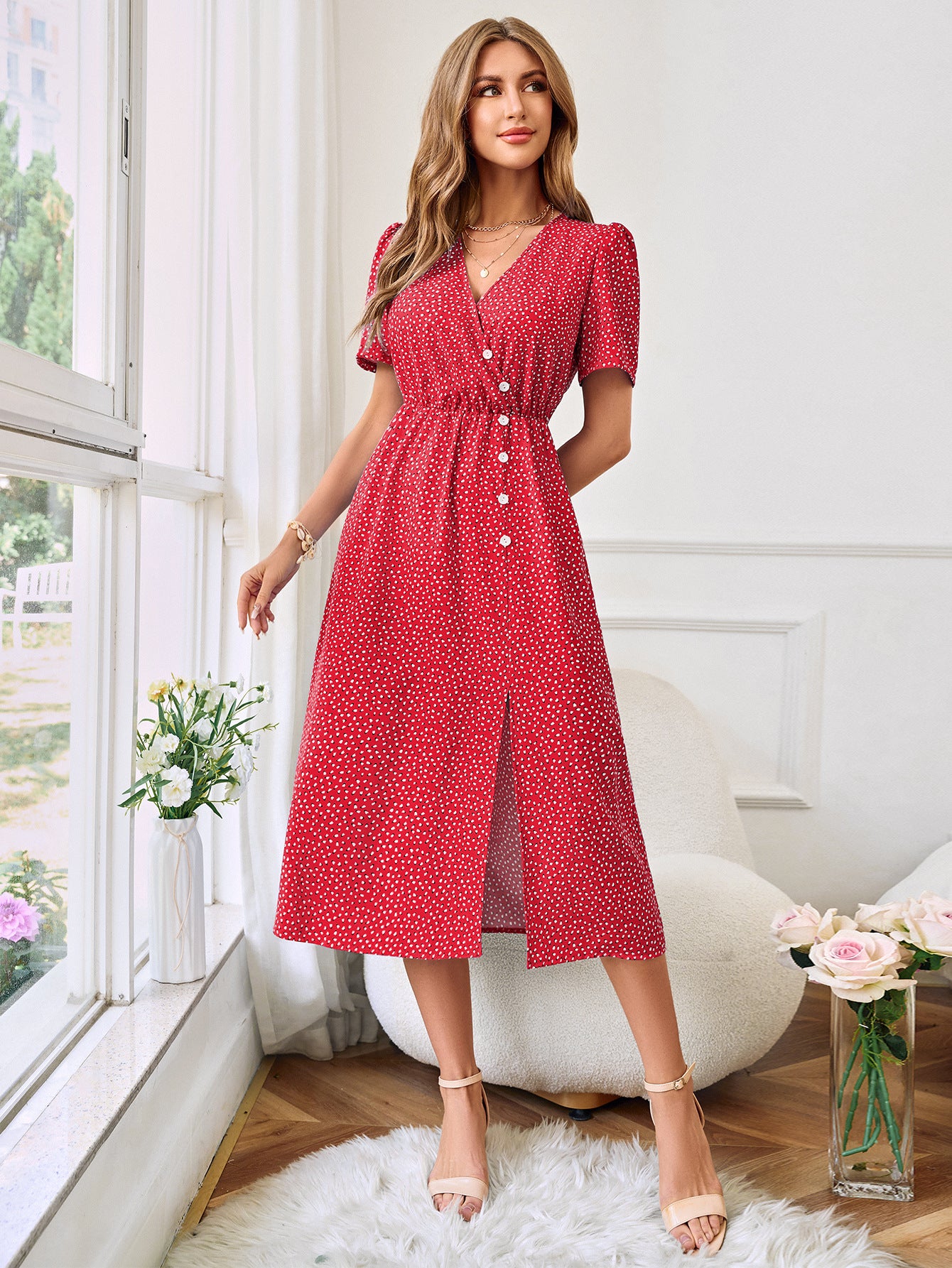 Women’s A-Line Midi Dress with Asymmetrical Buttons-Red-Theone Apparel