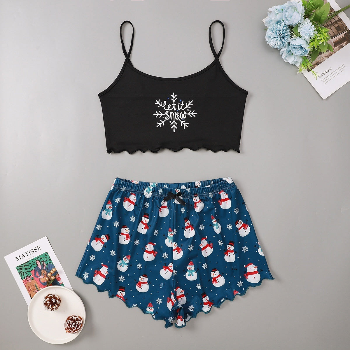 Women's Adorable Two Piece Christmas Pajama Crop Top and Shorts Set-White Snowflake-Theone Apparel