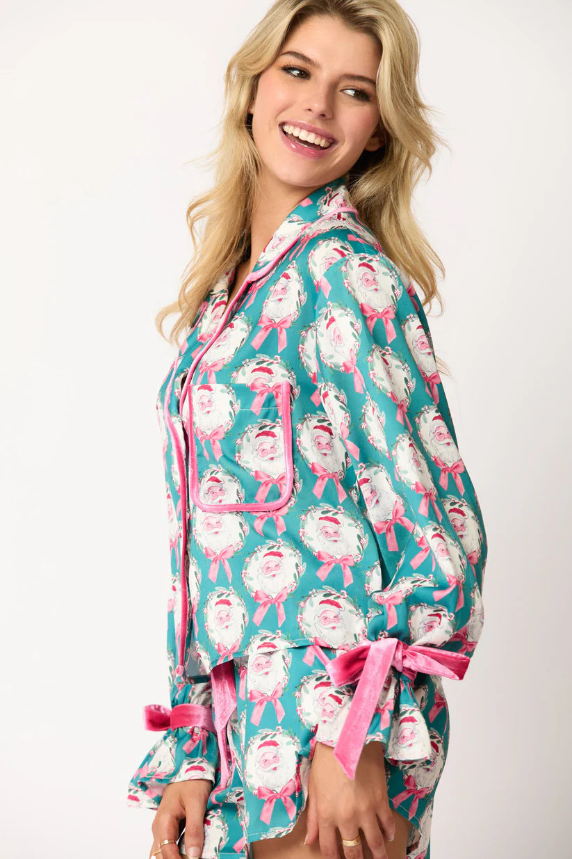 Women's Long Sleeve and Shorts Silky Christmas Pajamas-Sky Blue Santa Claus-Theone Apparel