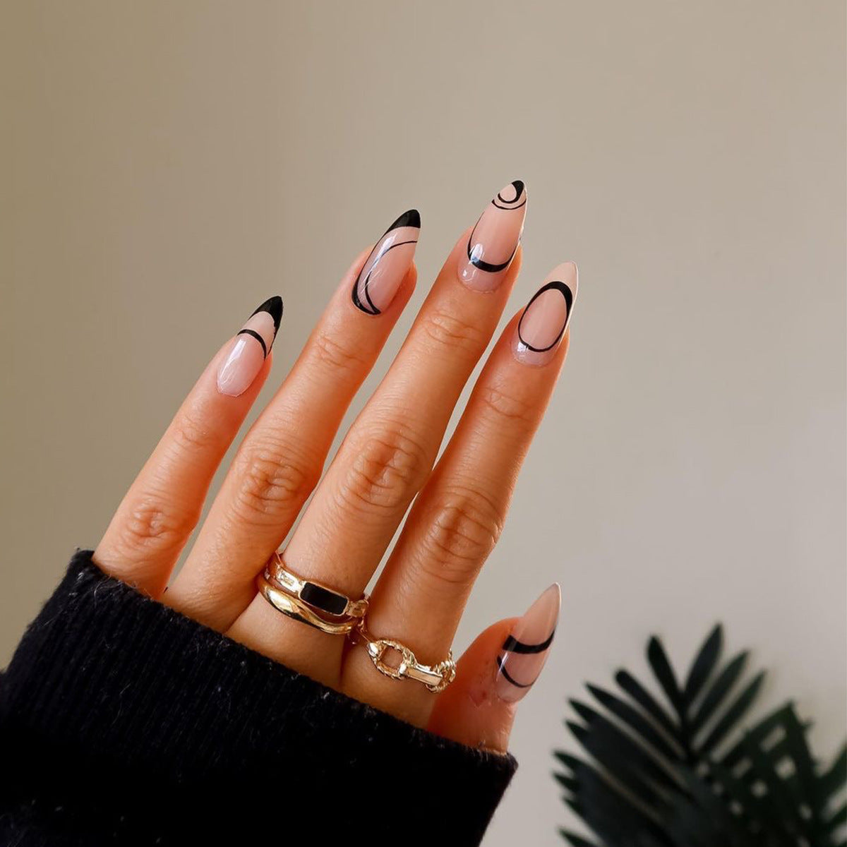 Women's Nude Almond Nail Set with Black Accent Details-Theone Apparel