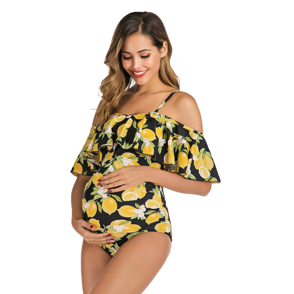 Women's One Piece Off Shoulder Lemon Print Swimsuit-Theone Apparel