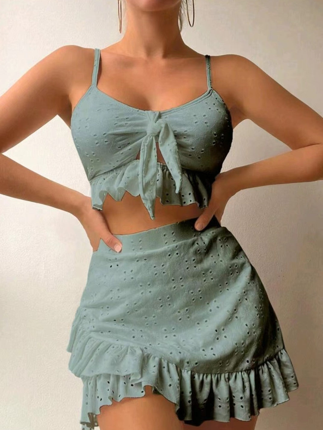 Women's Three Piece Bikini Set with Hip-Hugging Skirt-Dark Green-Theone Apparel