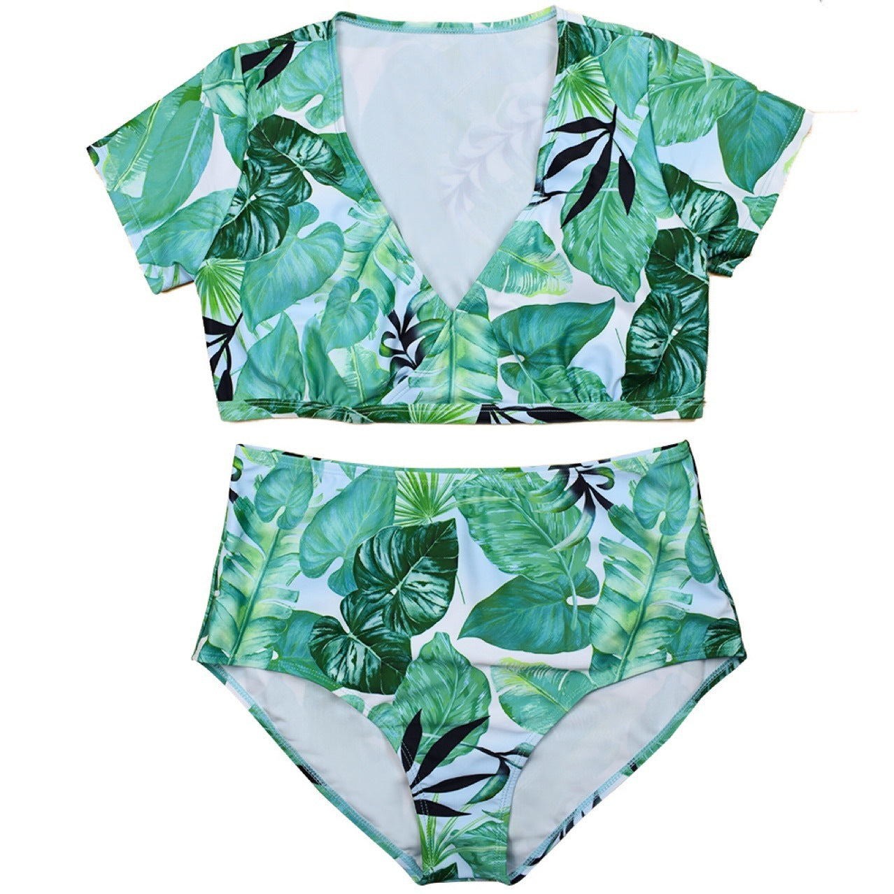 Women's Three Piece Tropical Plus Size Bikini Set-Green-Theone Apparel