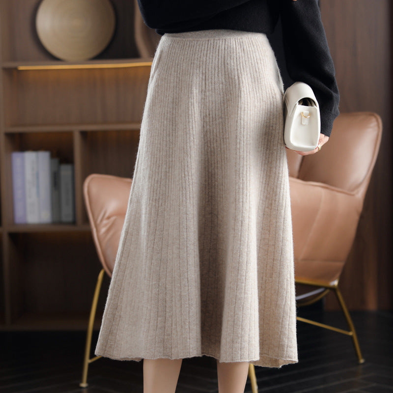 Wool Knitted Cashmere Pleated Skirt For Cozy Elegance-Camel-Theone Apparel