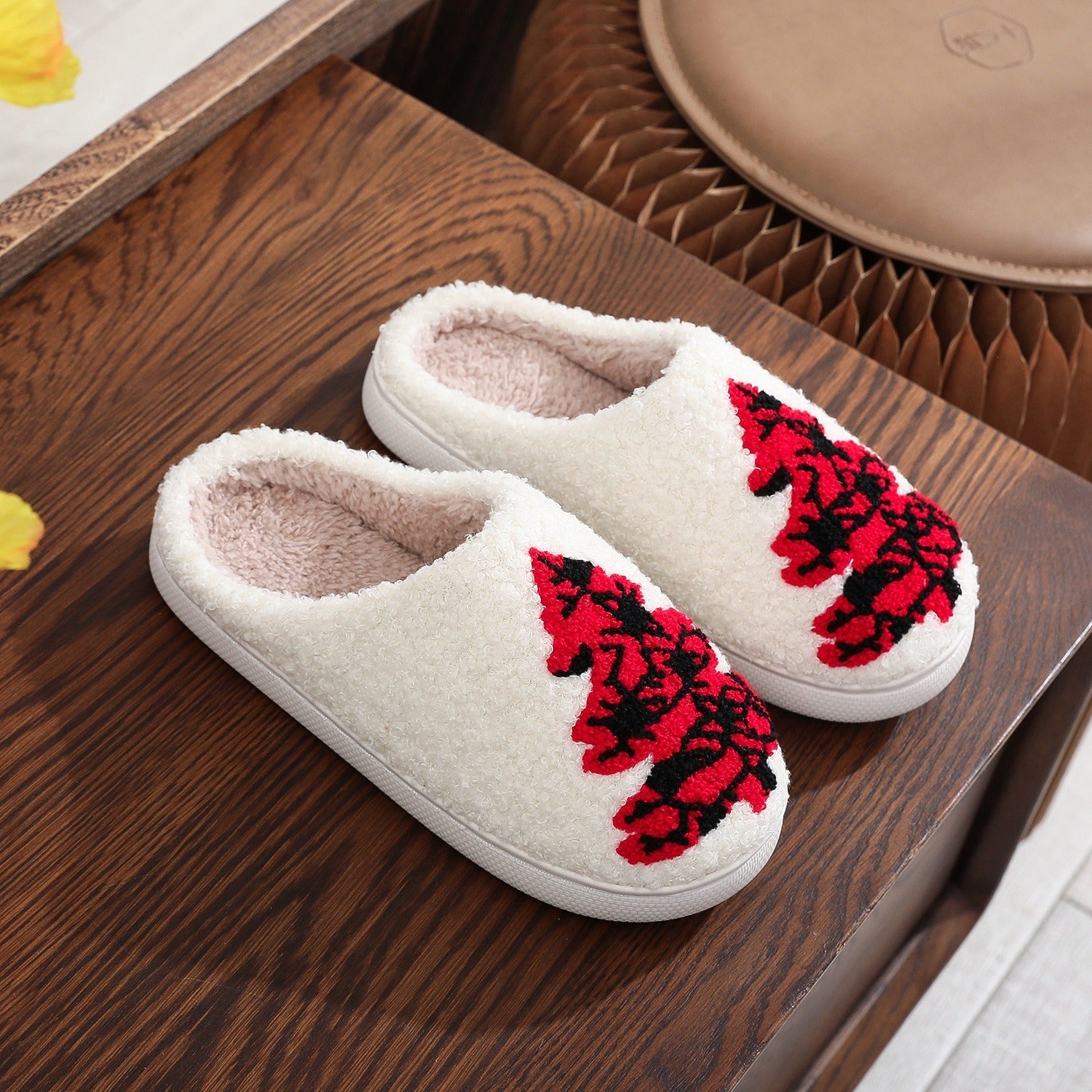 Soft Fleece Lined House Slippers with Red and Black Christmas Trees