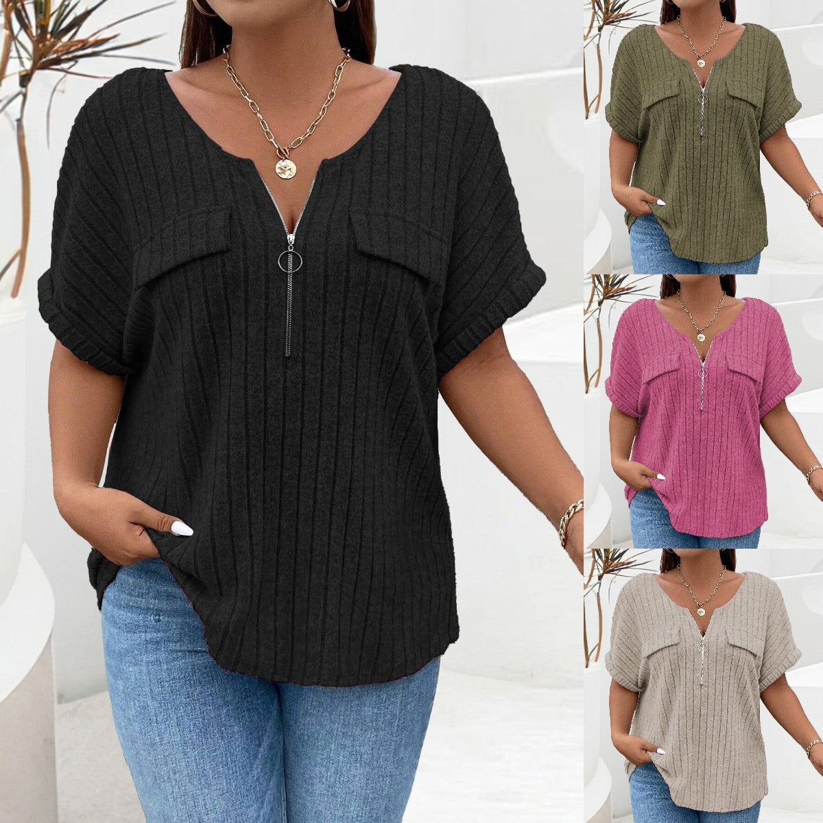 Zipper Short-sleeve Mock-pocket Pullover Loose-fit T-shirt